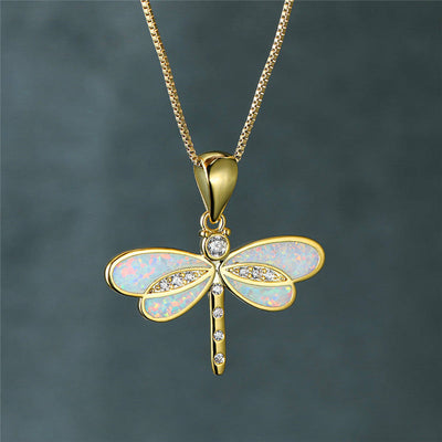 Seraphina I Gold Dragonfly Necklace with Opal Accent
